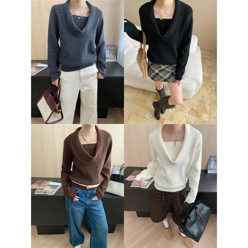 Damskie swetry dziergane, jednolite pulowery, swetry z okrągłym dekoltem, długi rękaw, lekko elastyczne, luźne, codzienne, do biura, jesień-zima 2025