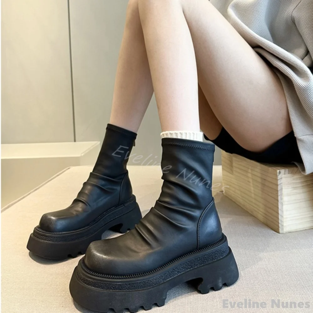 

Platform Round Toe Thick Heels Short Boots Women Fashion Back Zippers Ankle Boots 2024 Retro Casual Comfortable All-match Boots