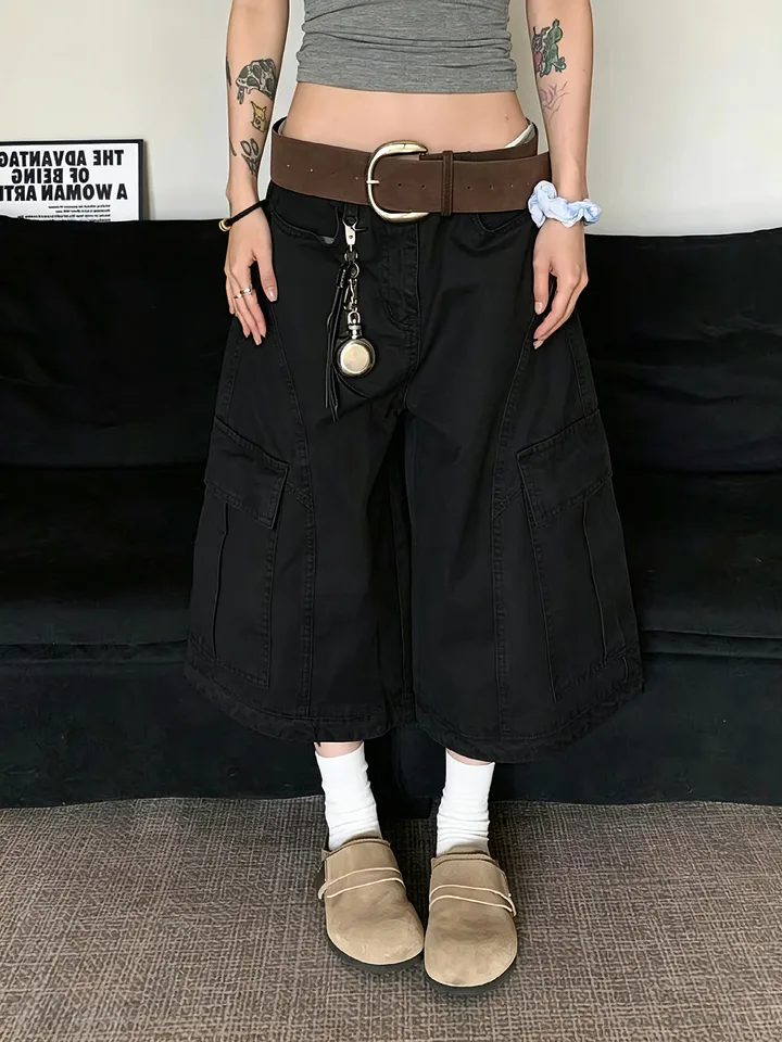 Short de Mezclilla para Mujer, Tiro Alto, Pierna Ancha, Largo a la Rodilla, Gris Casual, Holgado, Estilo Americano, Pantalones Cortos de Mezclilla para Mujer 5