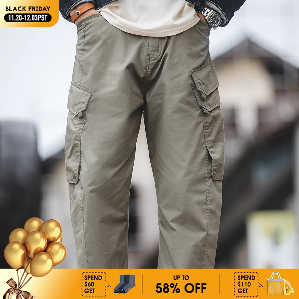 

Maden Mens Cargo Pants Multi-pocket Multifunctional Straight Trousers Drawstring Pants Green Male Casual Trousers