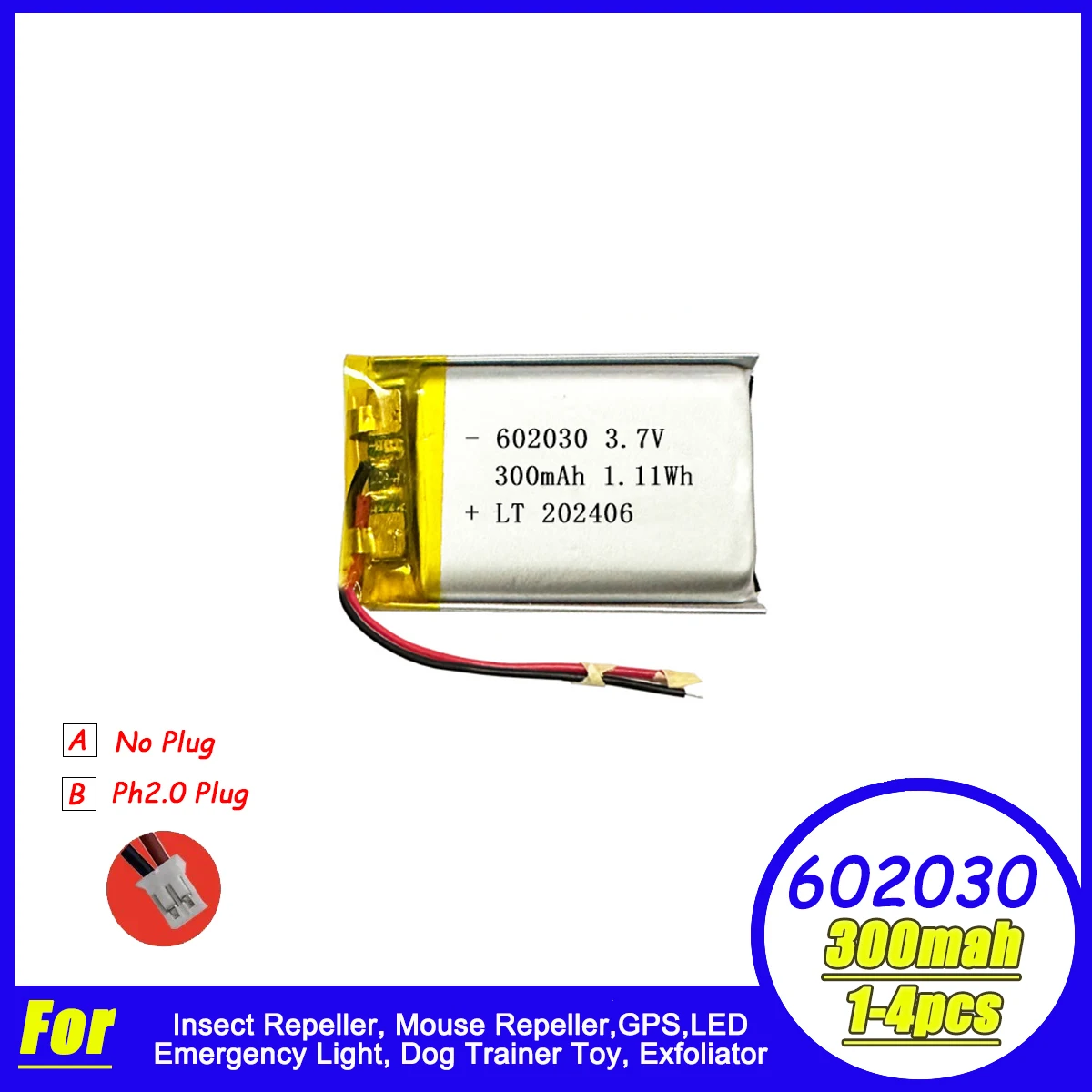 602030 Rechargeable Lithium Batteries 300mAh 3.7V Lipo Battery Insect Mouse Repeller LED Emergency Light Dog Trainer Toy GPS