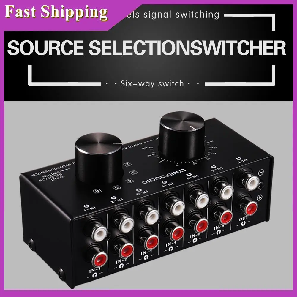 ABRI-6 Input 1 Output Switcher Audio Source Selection Switcher RCA Audio Input Signal Selector Switch With Volume Adjustment And