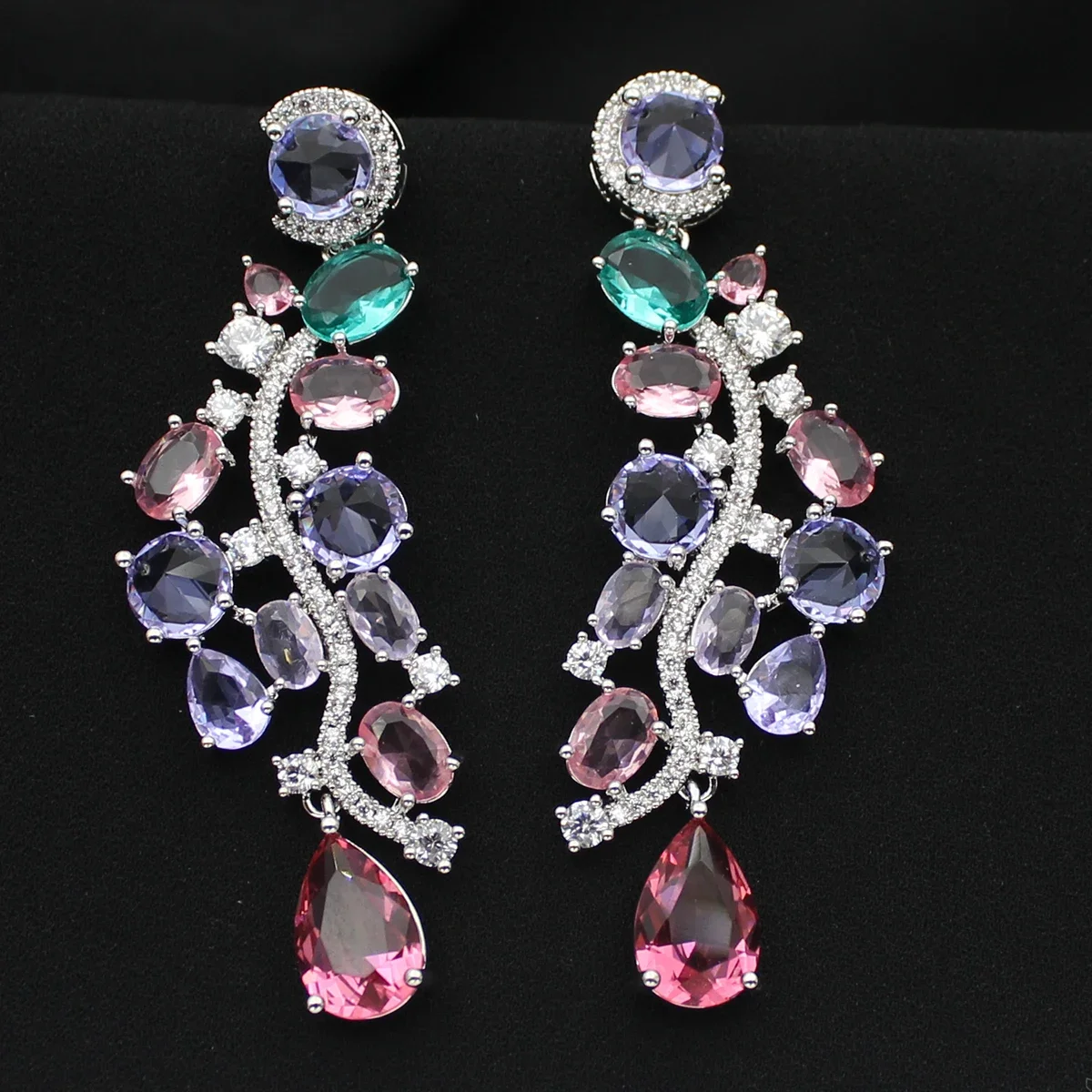 

Long Dangle Earrings for Women Luxury Jewelry for Evening Party Cubic Zirconia Colorful Leaf Plant Earrings Female Gift