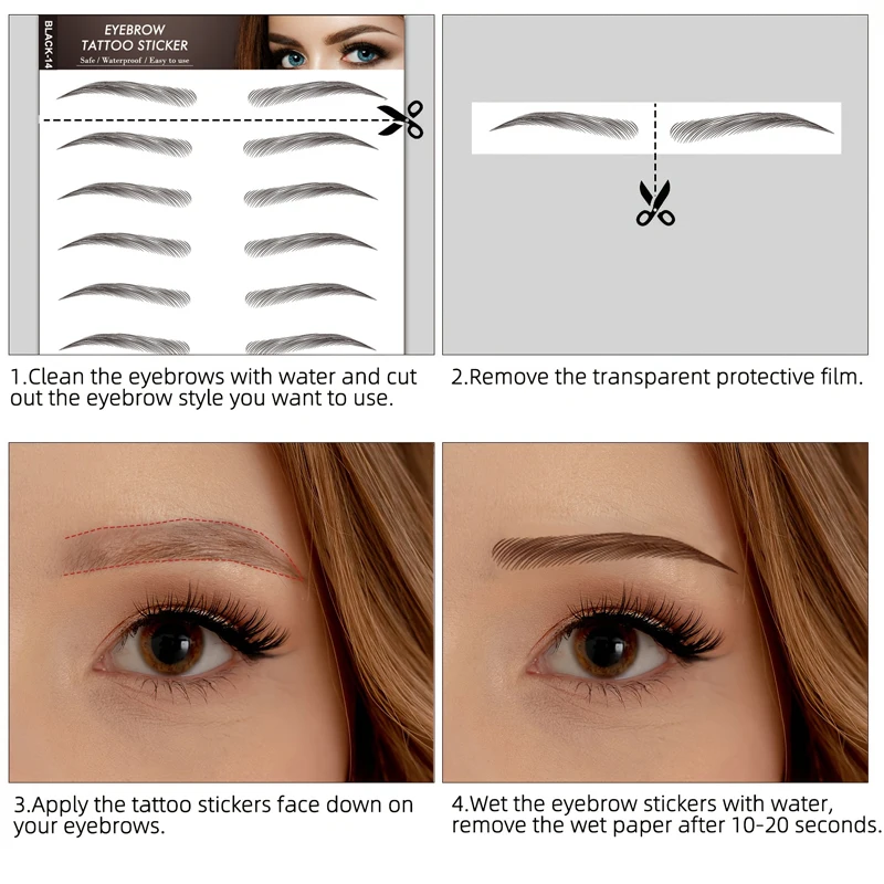 Black Eyebrows Makeup Tattoos False Women Sticker Water-based Hair-liked Long Lasting Waterproof Stickers for Brow Shaping