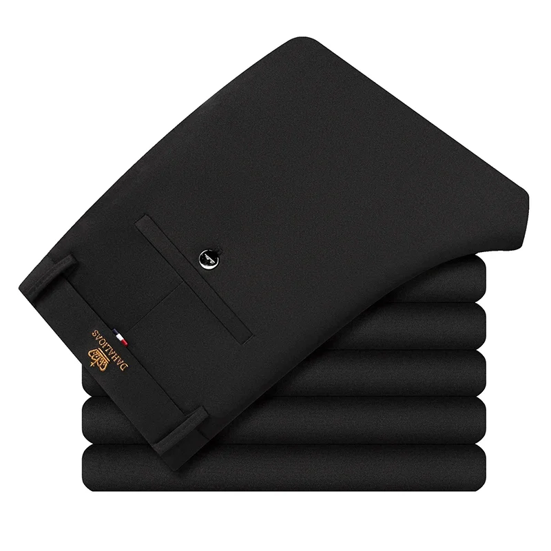 Slim Straight Men Business Long Pants Soft Stretch Fabric Embroidered Waist Label Rear Button Pocket Staff Uniform Slacks