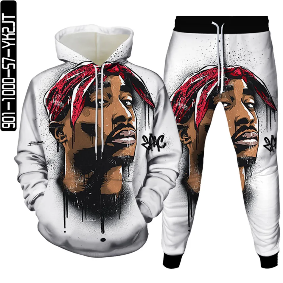 New Autumn Winter Men 2Pac Hoodie Set Fashion Clothing Male Rap Singer Hooded Coat Vintage Pullover Casual Stylish Streetwear