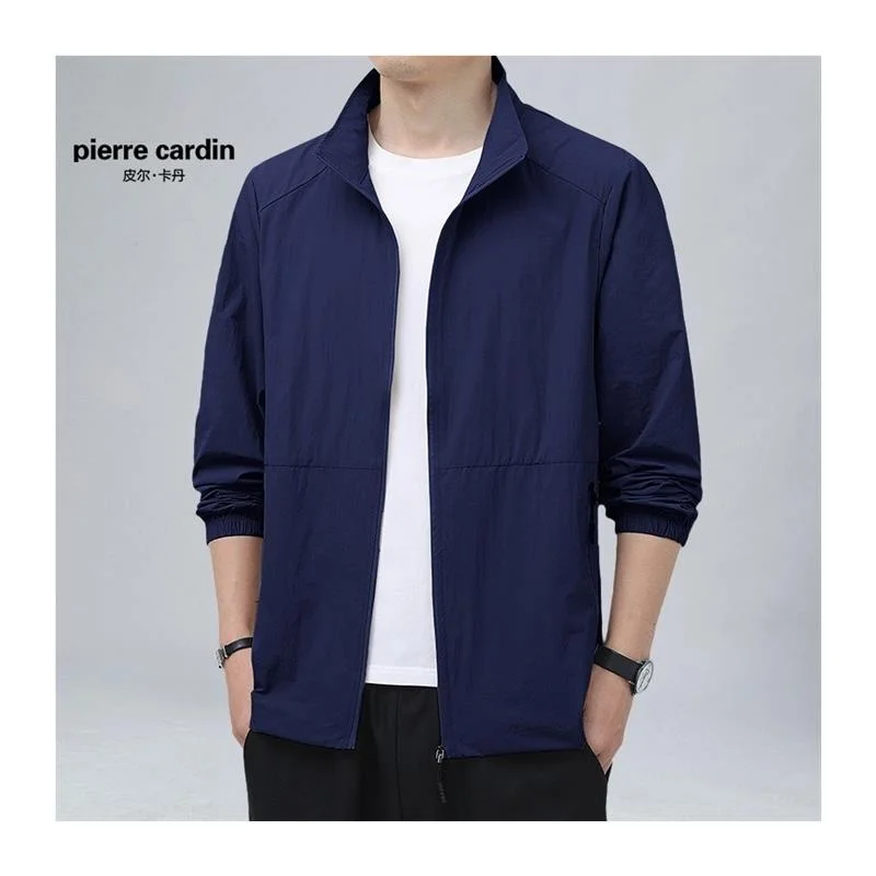 ملابس بيير كاردان للرجال من الحرير الجليدي للحماية من الشمس وياقة واقفة، ملابس خارجية غير رسمية، سحاب صيفي رقيق مزين