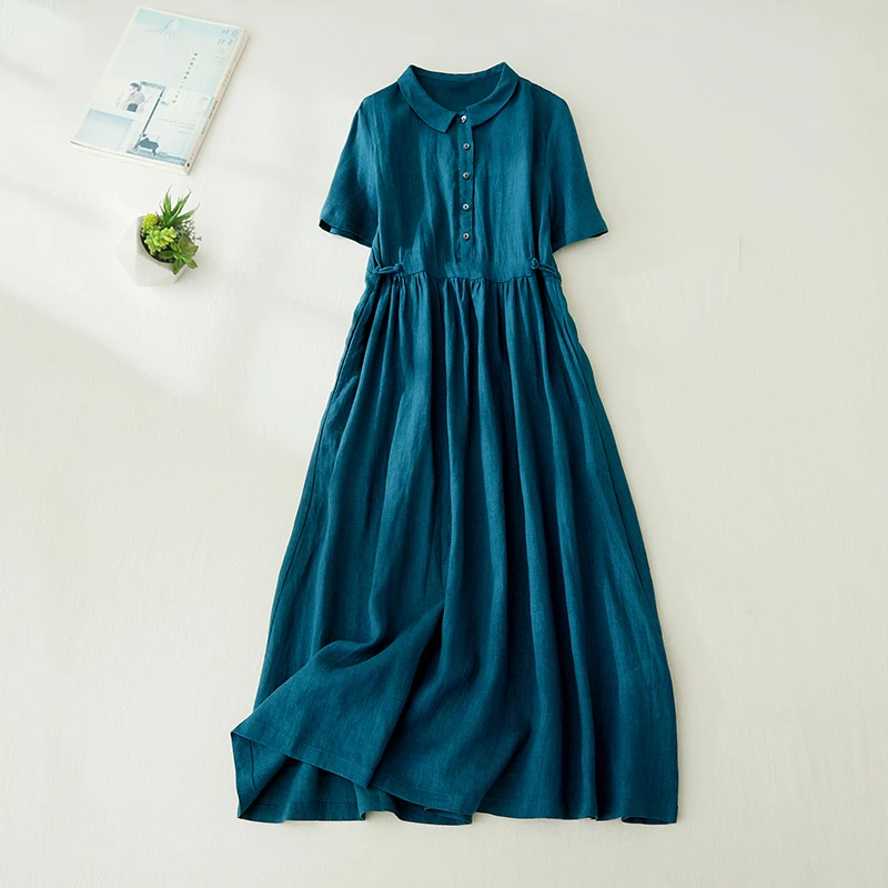 Cotton Short Sleeve Vintage Solid Color Dresses For Women 2026 New Summer Casual Long Holiday Dress Femme Robe Elegant Clothing