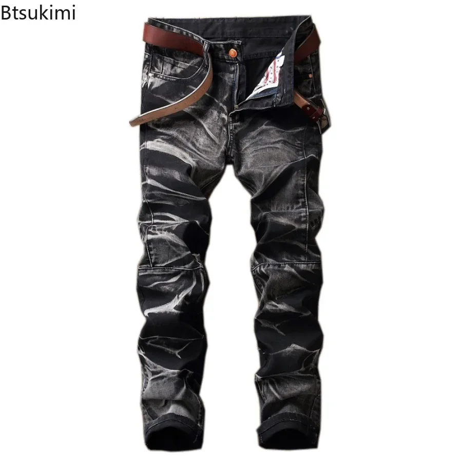 New 2024 Men's Casual Jeans Pants Slim Fit Straight Pleated Biker Jeans Pants Trousers Male Denim Casual Pants Plus Size 42