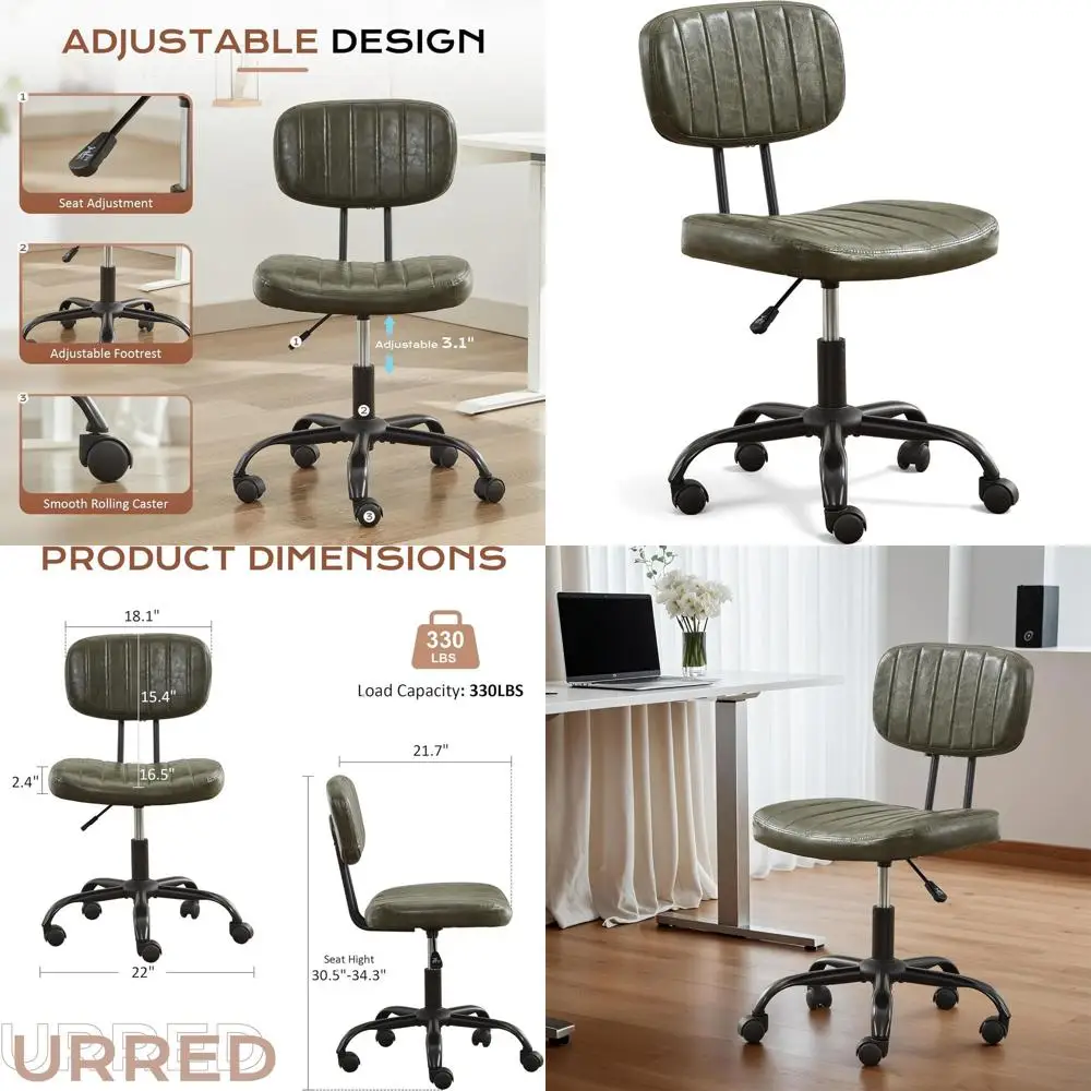 

Green Adjustable Swivel Chair on Wheels for Home Office, Low Back Desk Chair with Height Control for Compact Spaces