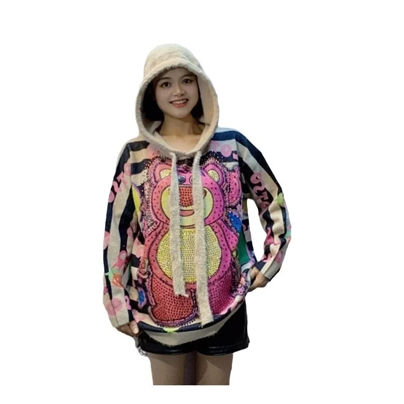 Heavy Industry Hot Diamond Bear Knitted Sweater Women Autumn and Winter Loose Mid Length Cartoon Hooded Top Pullover Sweaters