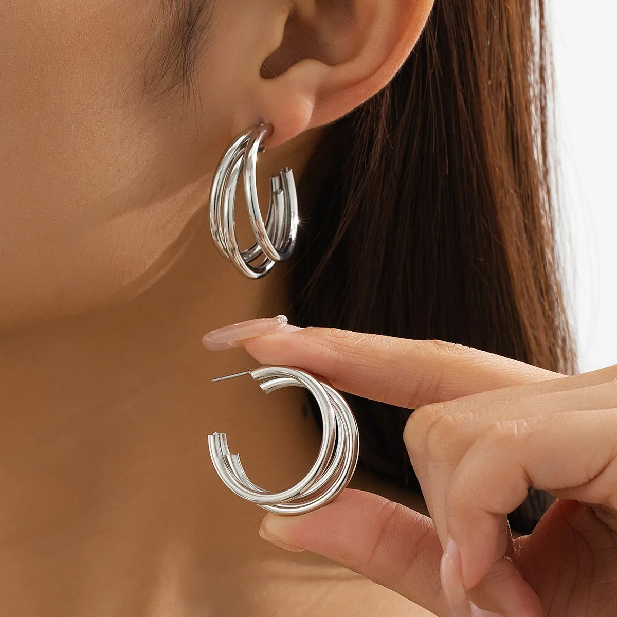 Chunky Hoop Earrings for Women Silver Gold Color Triple Layer Twisted C Shape Open Hoop Earrings Statement Fashion Jewelry