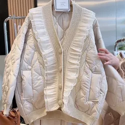 Chaquetas Mujer Winter Jacket Bomber Jaqueta V Ruffle Patchwork Fungus Argyle Parka Women Korean Fashion Cardigan Thick Coat