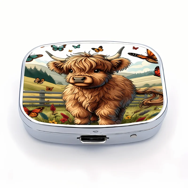 1Pc Convenient Square Metal Pill Box, Highland Cow Theme, Printed with Cute Fluffy Calf and Pastoral Butterfly Design, Portable Sealed Vitamin Storage Box, Easy to Carry in Your Wallet, Unique Country-Style Gift