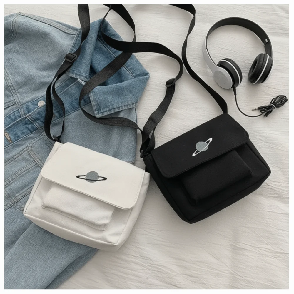 Fashion Vintage Canvas Shoulder Bag Black/White Japanese Style Crossbody Bag Casual Small Bag for Men and Women