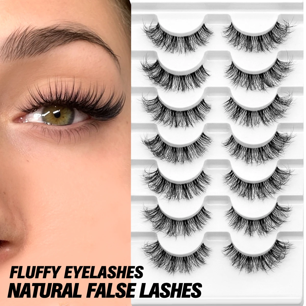 GROINNEYA Fluffy False Eyelashes 5/7 Pairs Natural Cat Eye Lashes Transparent stem Faux mink Lashes Thick Soft Curly Lashes