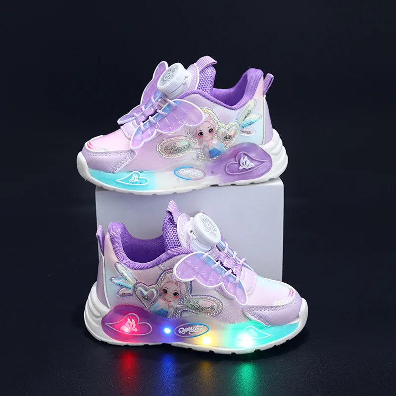 Disney LED Casual Sneakers Spring Girls Frozen Elsa Princess Bowknot Leather Shoes Children Lighted Non-slip Purple Size 21-30