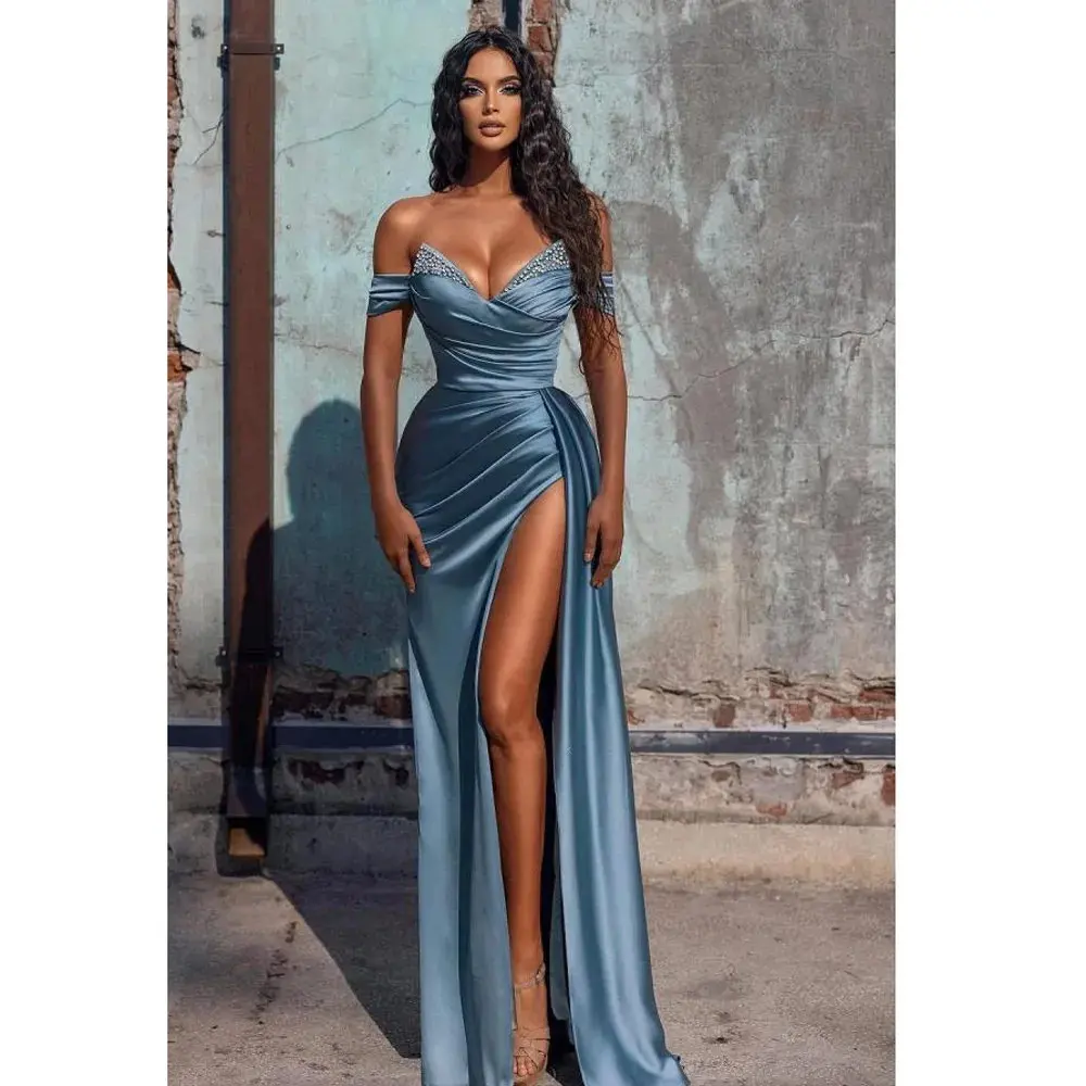 New 2024 Handmade Customized Luxury Satin Prom Dresses Arabian High Slit Beaded Formal Evening Gowns Multicolor Bridesmaid Dress