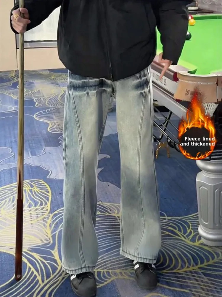 

Men's Fce Lined Flared Jeans mid Waist Straight Leg Lightning Pattern High Street Sle Winter Casual Straight Leg Trousers