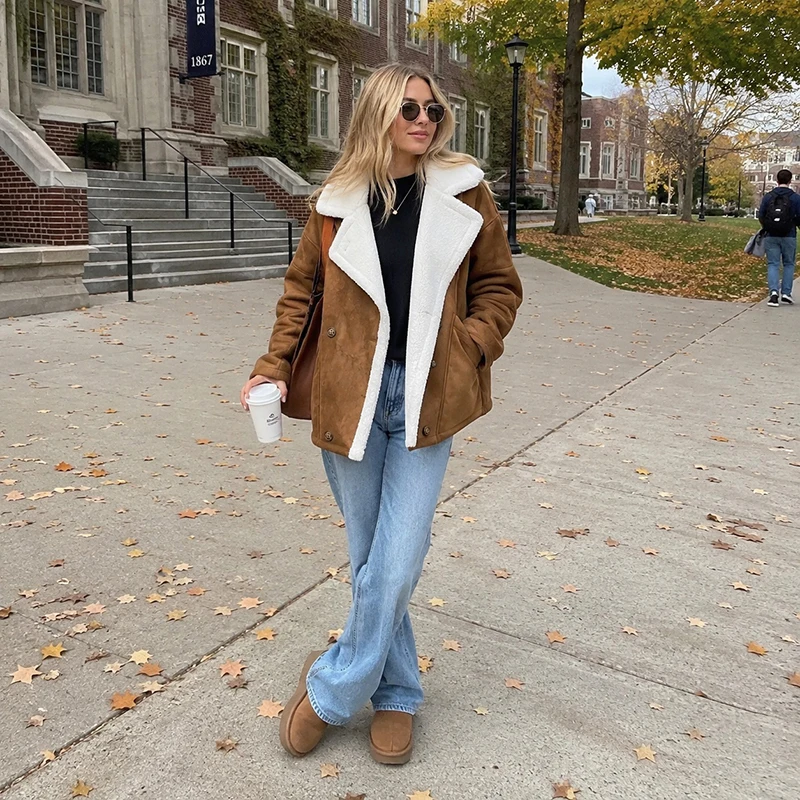 Women's Faux Shearling Suede Jacket Notched Lapel Double Breasted Loose Coat Pocket Street Outwear 2026 New Autumn Warm Jackets