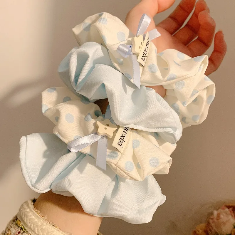 

2pcs Korean Blue Polka Dots Scrunchies Large Intestine Headbands Women Luxury Hair Ropes Ties Lazy Style Hair Bundles Headwear