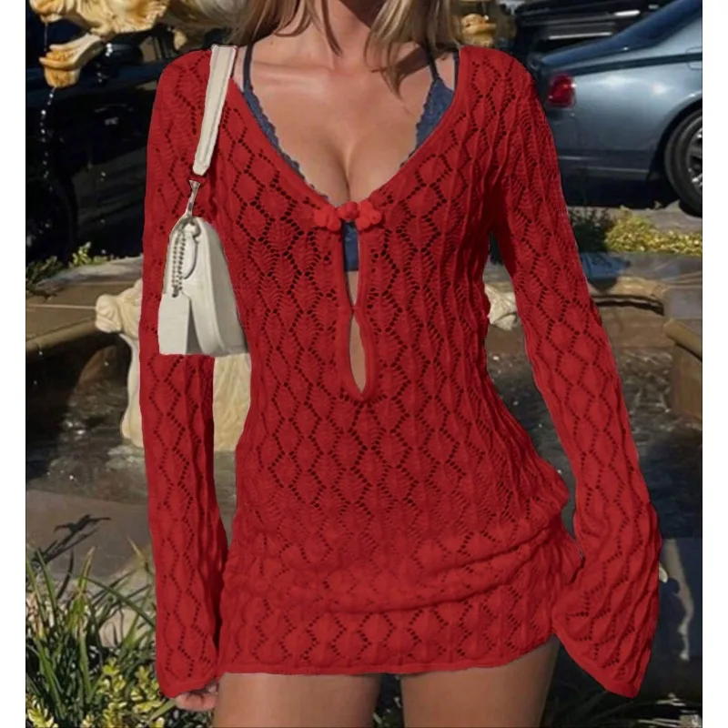 女性用シアーニットクロシェビーチドレス、セクシーなシースルーカバーアップ水着、カットアウトロングスリーブミニドレス、夏のバカンス衣装