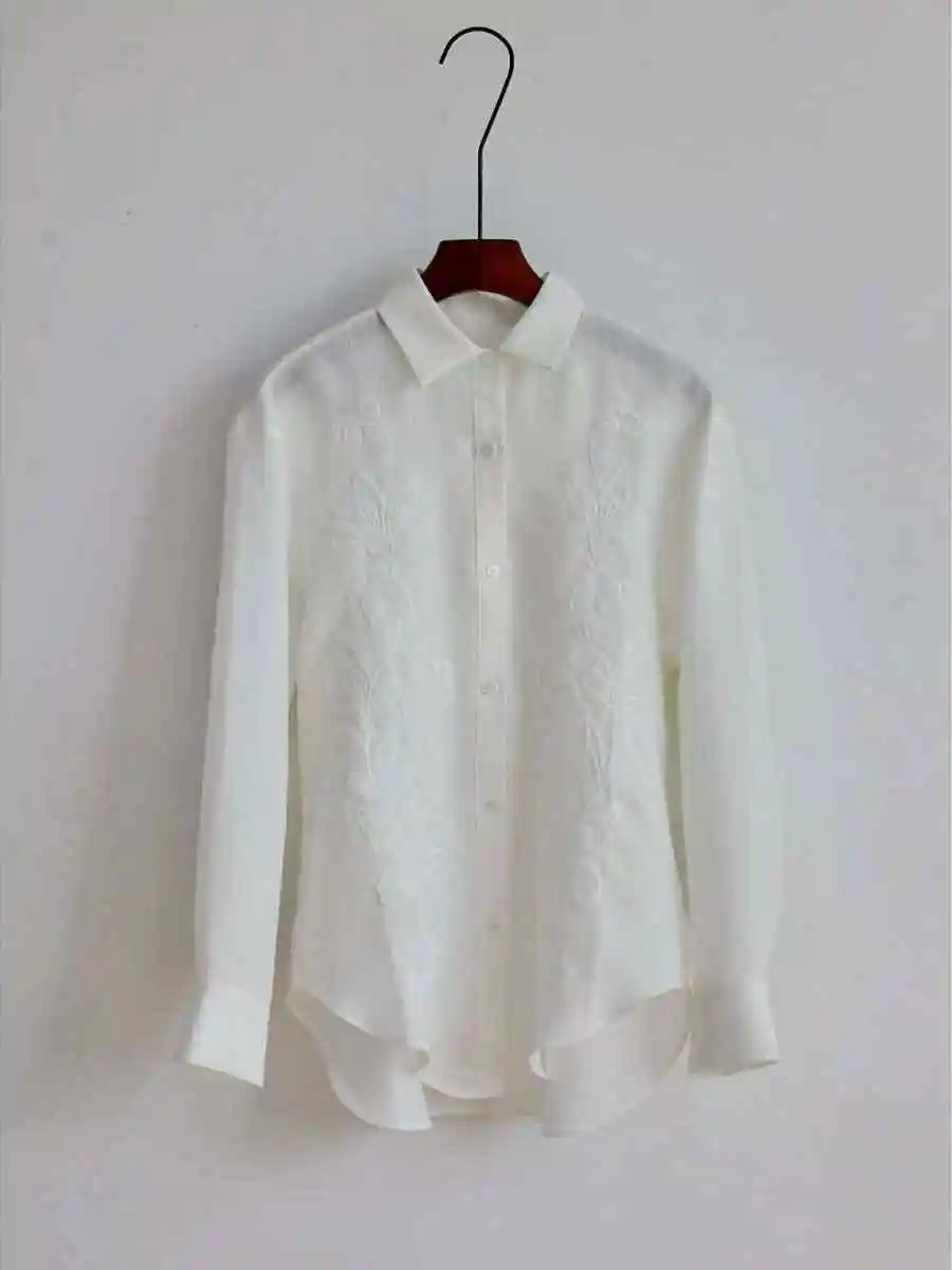 Largo largo Sve cuello bordado mujer irt primavera otoño blanco Casual Faion coreano Sle mezcla de poliéster