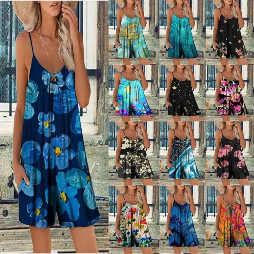 

Strap Jumpsuit orts with kets Summer Thin Polyester Fiber Women's Rer mid Waist Five-Quarter Length