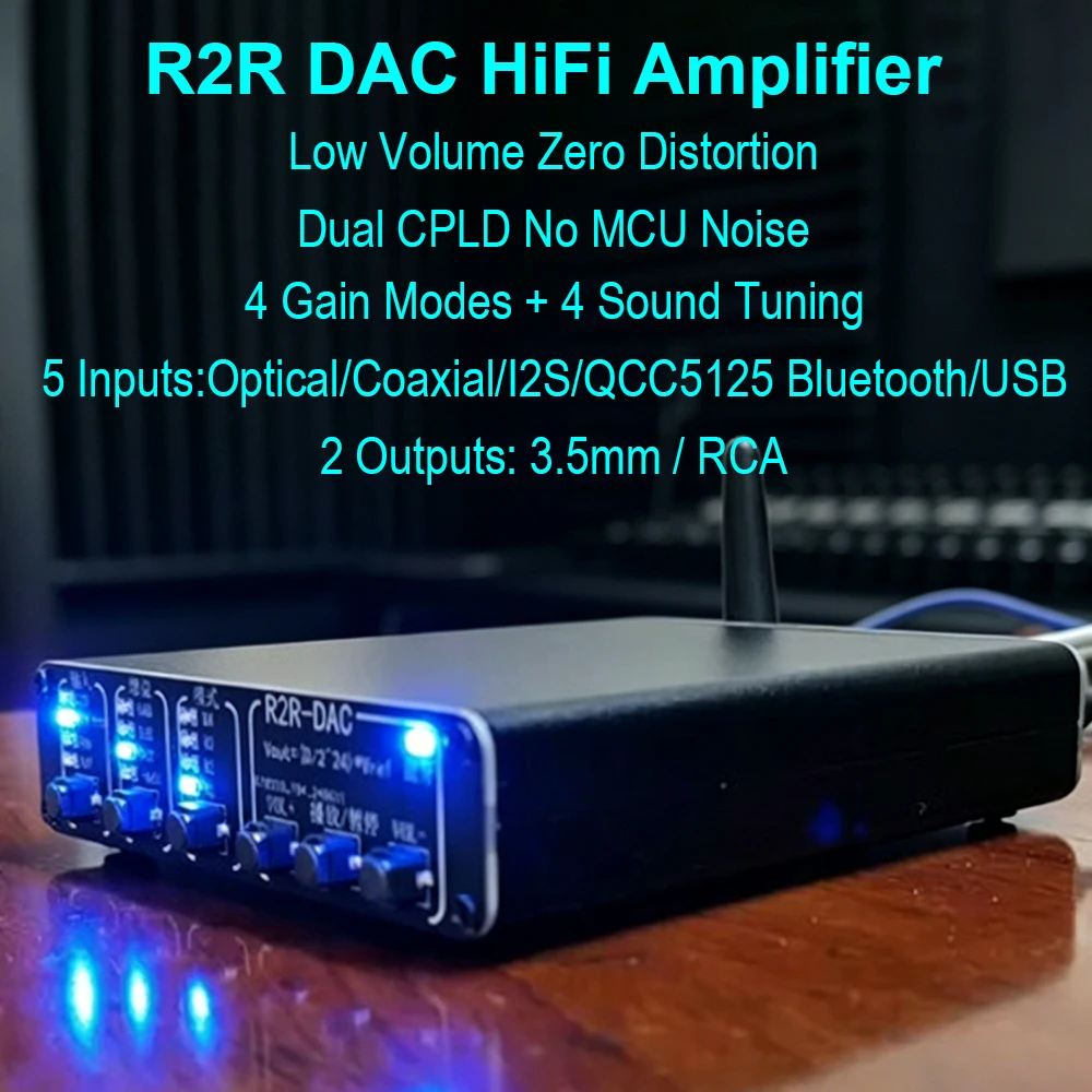 

R2R DAC HiFi Headphone Amplifier Dual CPLD 4 Gain 4 Sound Effect Optical Coaxial I2S QCC5125 Bluetooth USB 3.5mm Audio Decoder