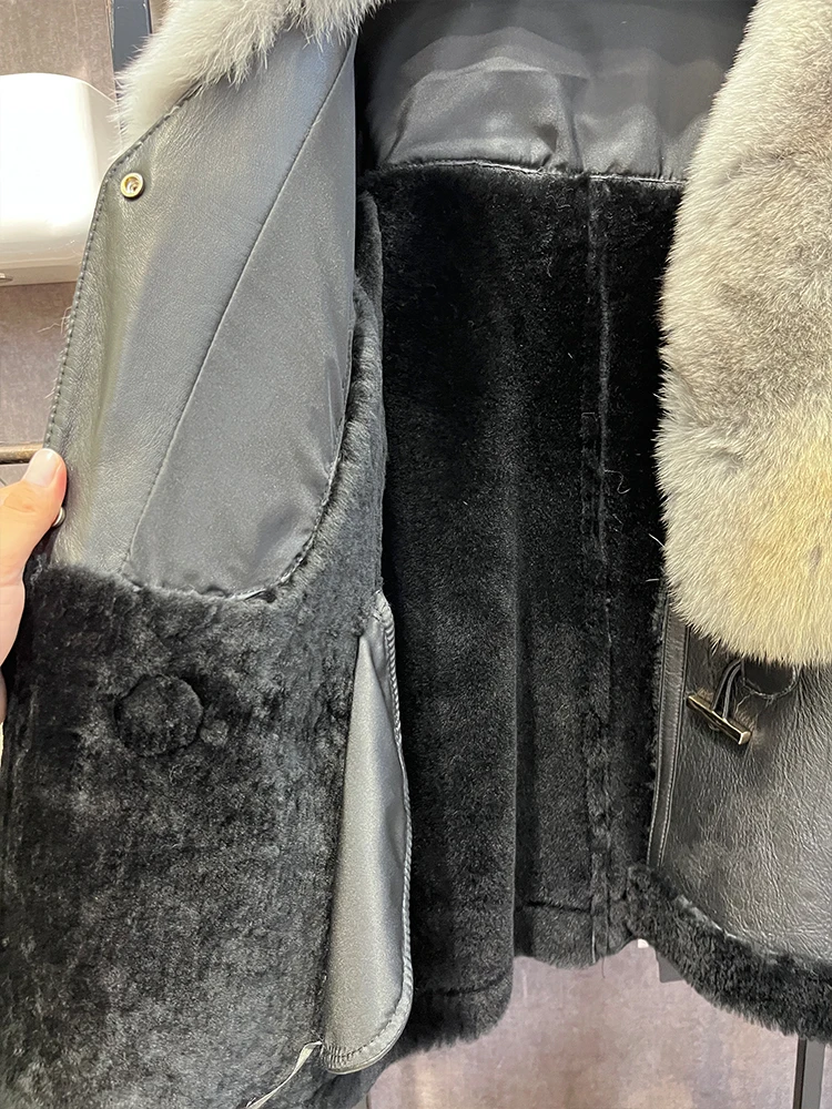 2023 Winter Women Natural Merino Sheep Fur Coat Real Genuine Leather Jacket Real Fox Fur Collar Thick Warm Luxury Female Coats