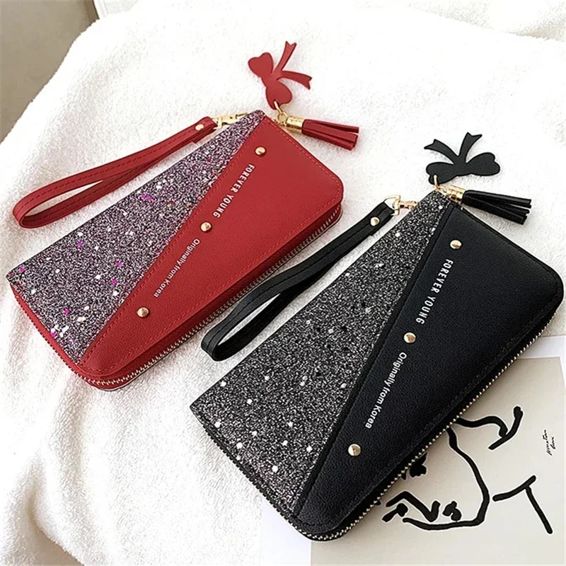 Women Long Wallet Patchwork Sequin Clutch Bag Glitter Pu Leather Ladies Phone Bag Card Holder Coin Purse Female Wallets