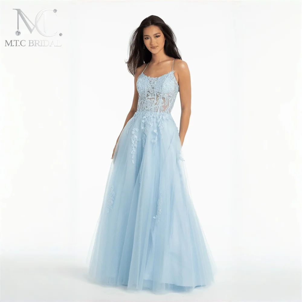 Maravilloso Vestido de Noche Largo Azul Celeste 2026, Estilo A-Line, con Apliques Elegantes, Tirantes Finos de Tul, Vestido de Gala para Mujer, Hecho a Medida