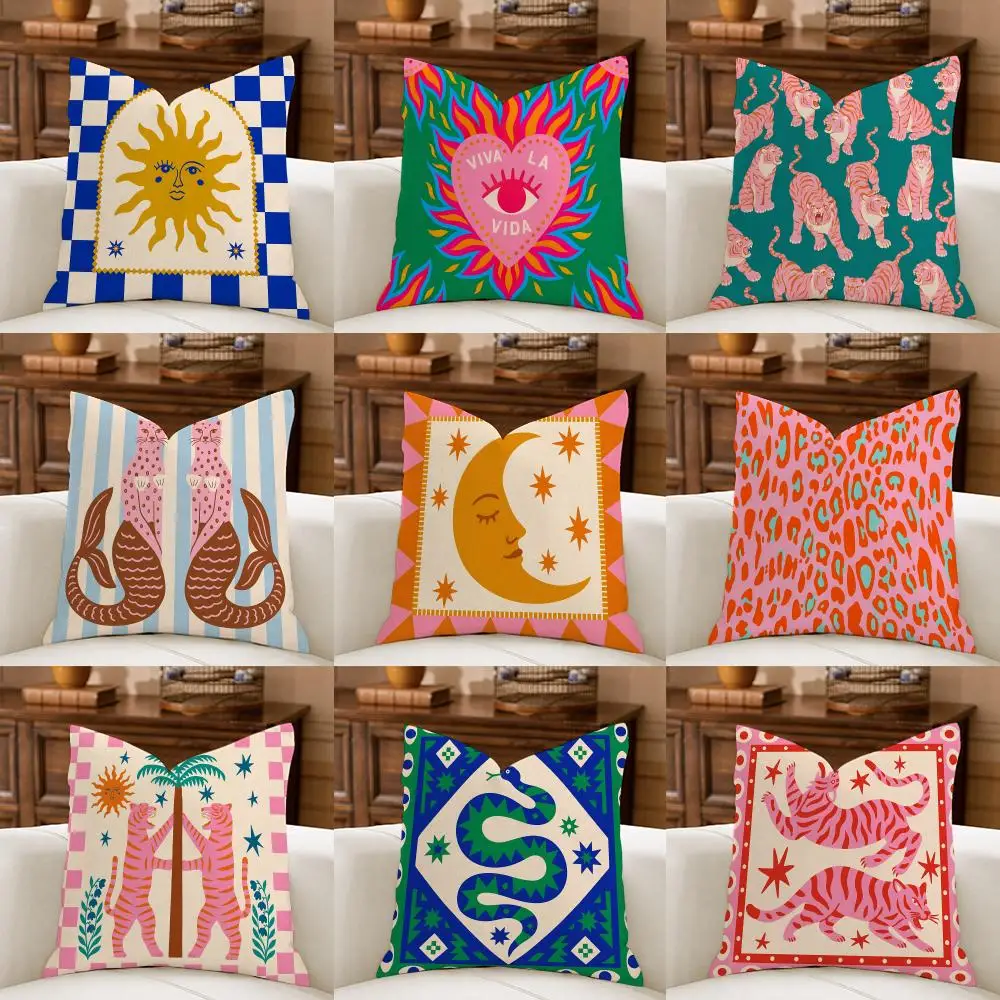 Vibrant Folk Art Cushion Cover Natural Breathable Durable Linen Printed Decor Pillow Case Sofa Bedroom