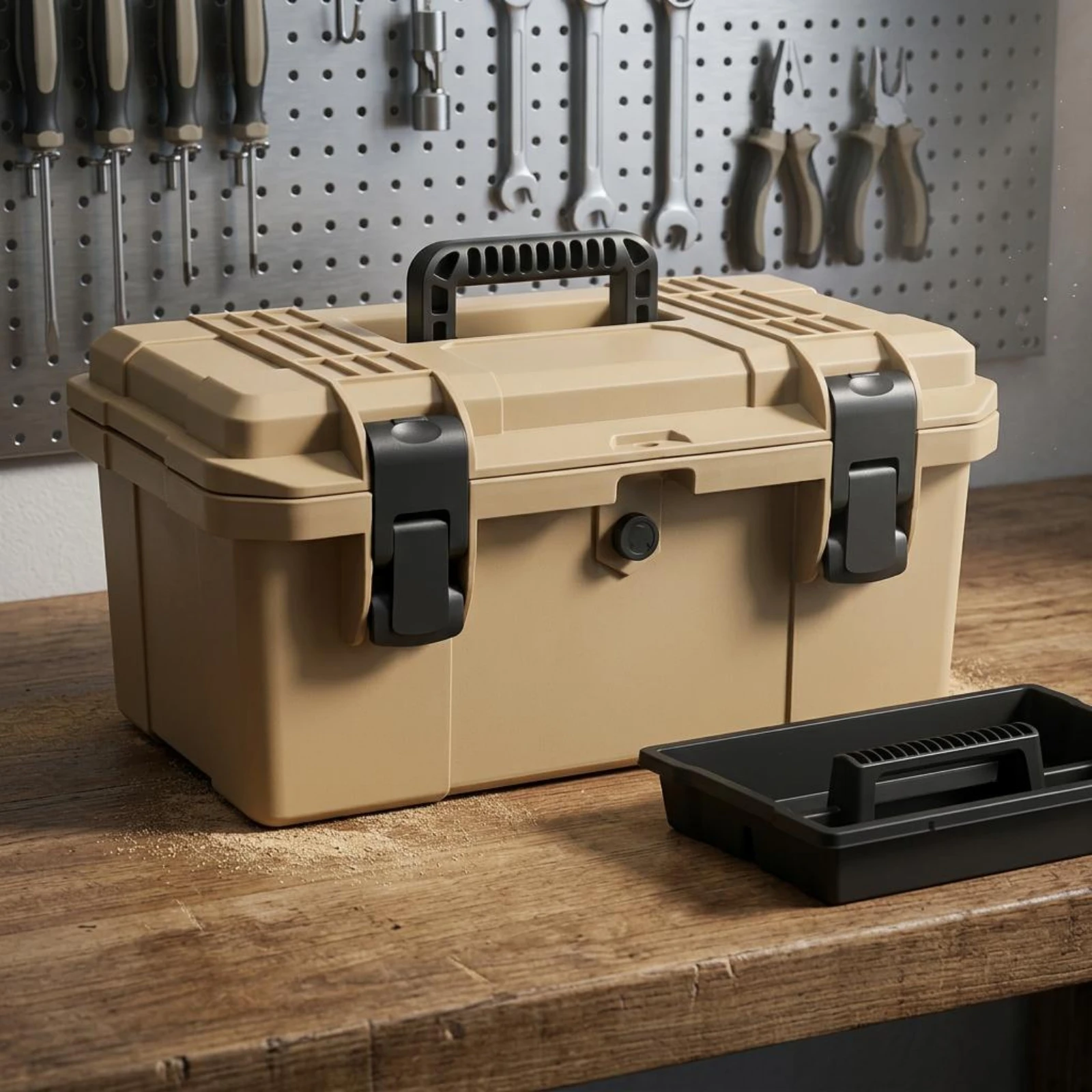 Double-Layer Tool Box Heavy-Duty Hard Plastic Tool Box Removable Tray Latch Closure