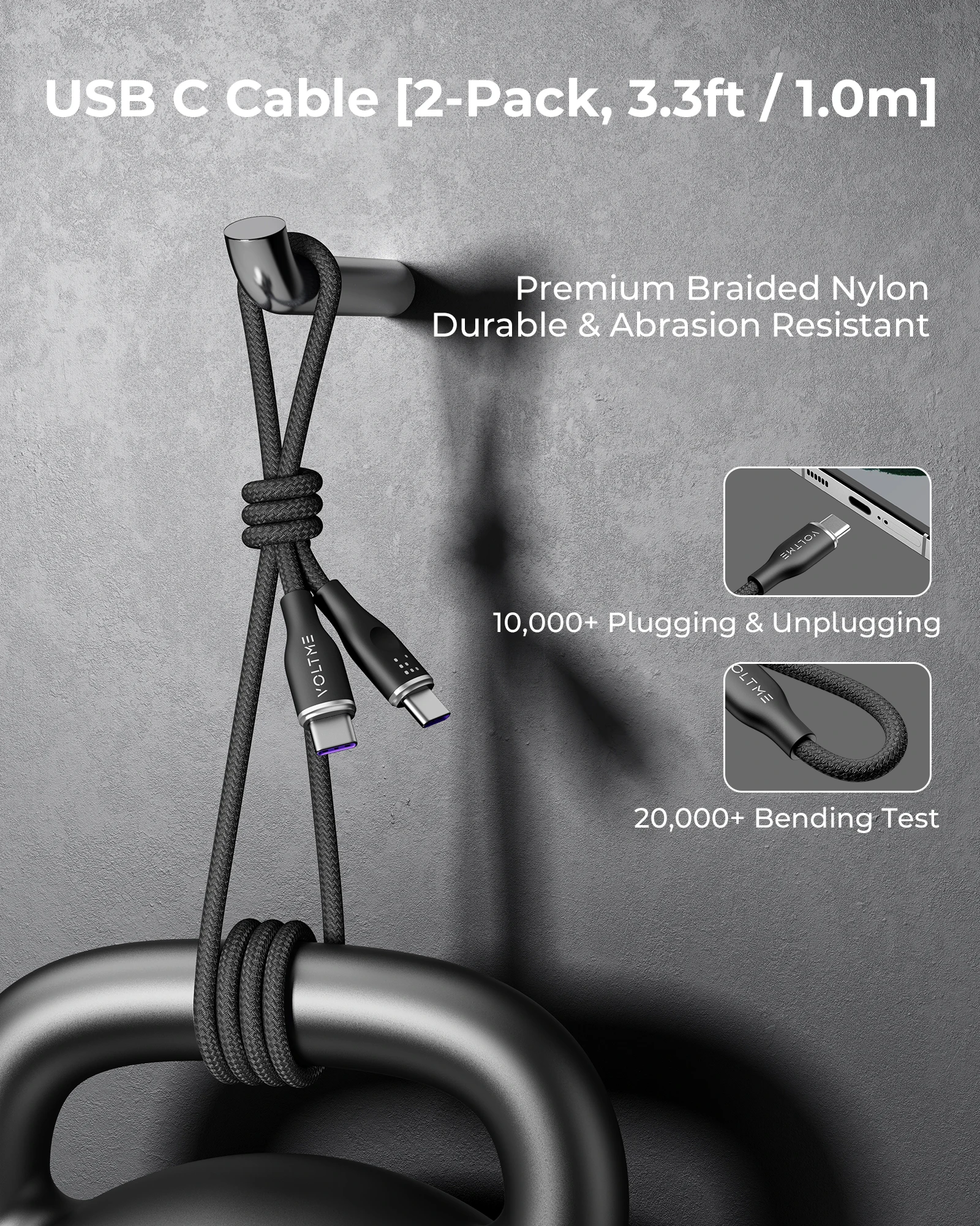 Voltme Usb C Naar Usb C Kabel 100W Pd 5a Snel Opladen Type C Naar Type C Kabel Nylon Gevlochten USB-C Koord Voor Macbook Pro Galaxy S23