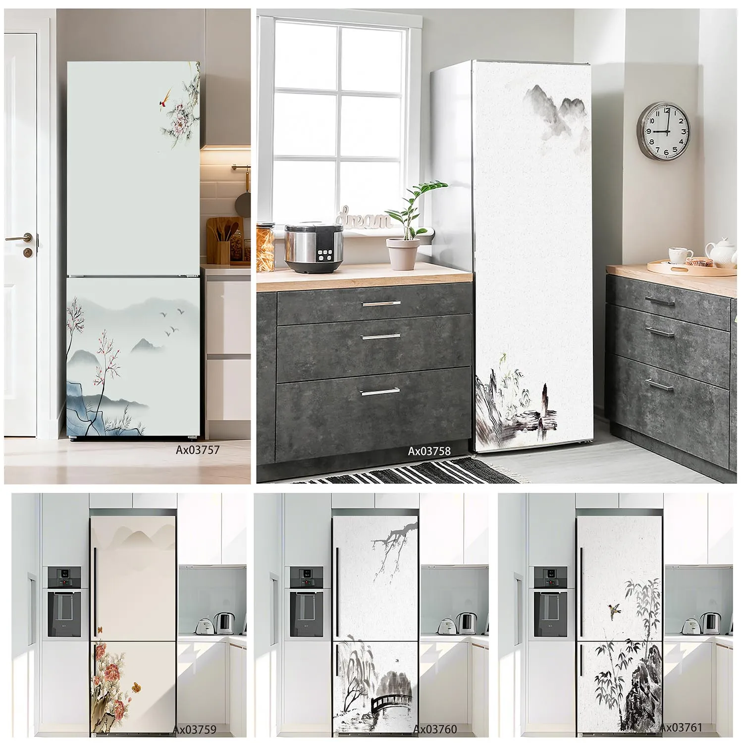 

Minimalist Ink Wash Landscape Fridge Sticker Wear-resistant Full Door Cover Decals Wallpaper Home Cabinets Decoration