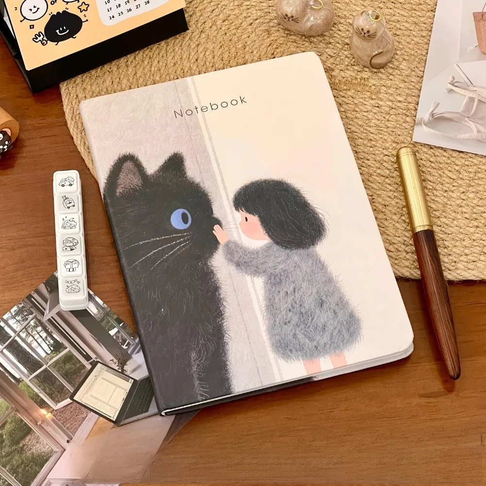 Ins Healing Girl Cat Notebook A5 Binder Ruled Hardcover Portable Journal Diary Study Work Creative Stationery Notepad Students