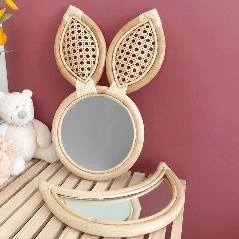 Wall-Mounted Rattan Mirror with Makeup Mirror Handmade Decoration Rabbit Ear Mirror Home Decoration