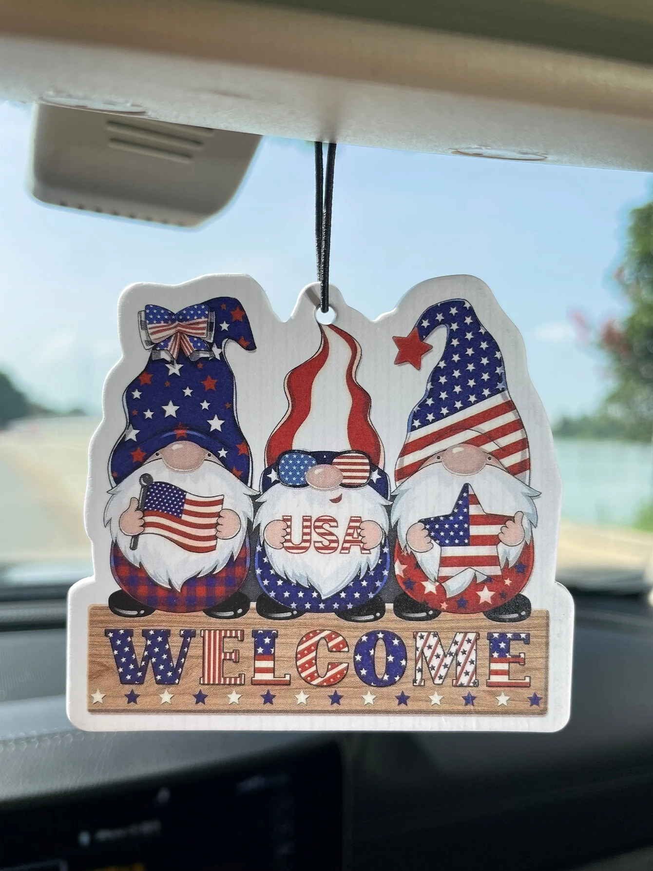 Patriotic USA Three Gnomes Welcome American Flag Hanging Car Air Freshener, Natural Plant Extract Alcohol-Free Scented Paper Car
