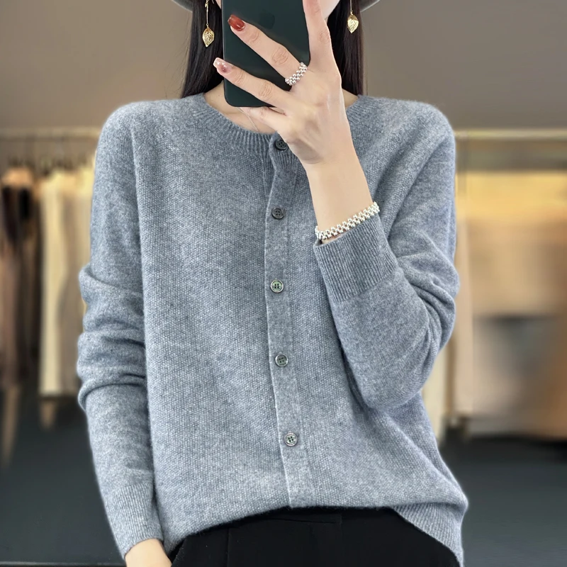 Fashion temperament 100% pure wool ladies autumn and winter new round neck solid color loose cardigan top