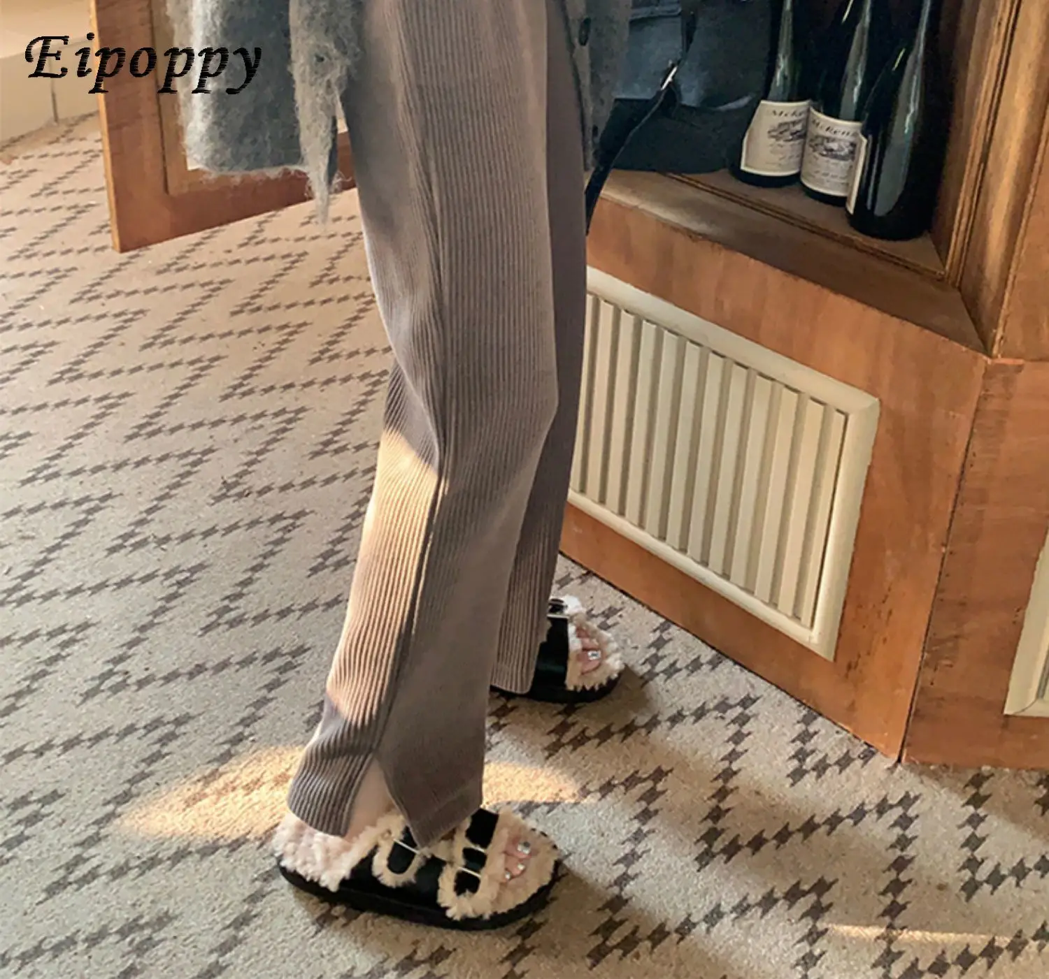 سراويل نسائية عالية الخصر سروال قصير بساق واسعة ، سراويل غير رسمية مبطنة بالصوف ، سراويل محبوكة ، الخريف والشتاء