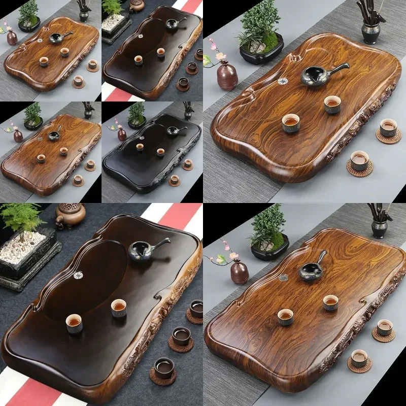 Solid Wood Tea Tray Black Sandalwood Essence Shuanglong Play Beads Simple Household Thickened Drainage Small Tea Table Large