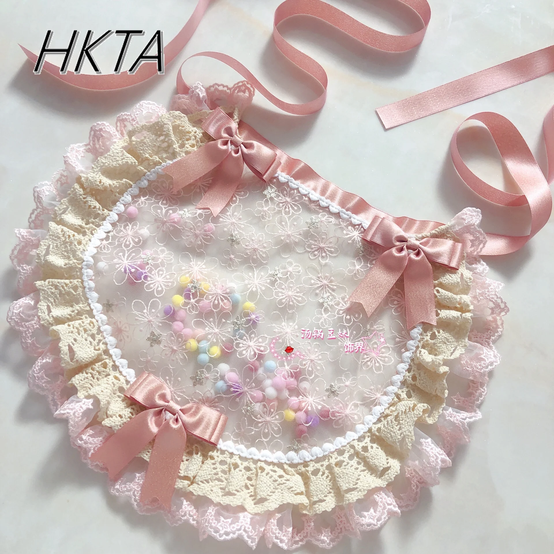 Original Lolita Handmade ญี่ปุ่นน่ารักผ้ากันเปื้อนผู้หญิงสาวหวานโบว์น่ารักลูกไม้กาแฟสีชมพูสีเขียว Bowknot ผ้ากันเปื้อนขนาดเล็ก