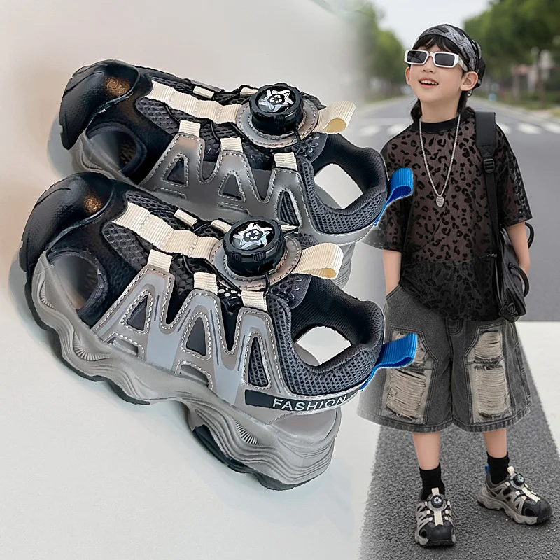 

Children's Mesh Breathable Frame Shoes 2025 Summer New Style Girls Sandals Boys Rotating Button Sneakers Comfortable Footwear