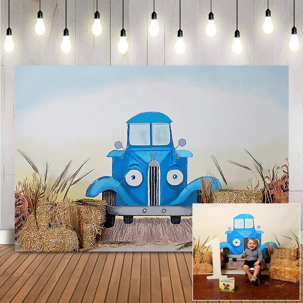 Little Blue Truck Backdrop for Cake Smash Photography 1st Birthday Portrait Photo Background Haystack Newborn Kids Backdrop Prop