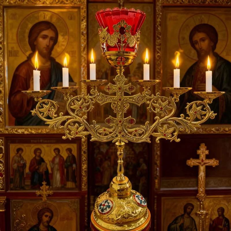 

Eastern Orthodox 7 Candle Zinc Alloy Candelabra Base Gold Vintage Design Religious Ceremonies Home Decor Used for churches Gift