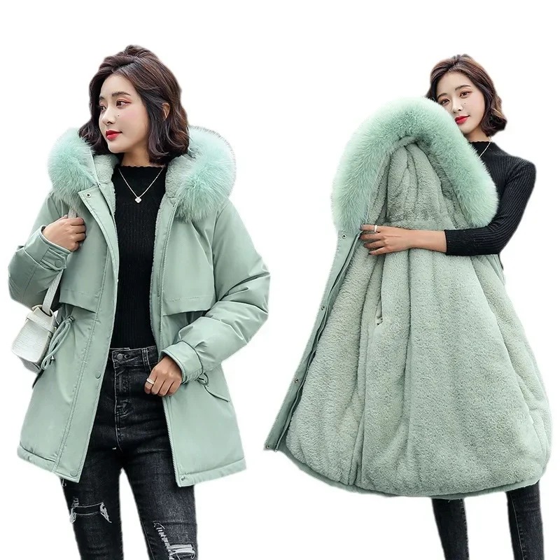 Women Parka 2024 New Fashion Long Coat Wool Liner Hooded Parkas Winter Jacket Slim with Fur Collar Warm Snow Wear Padded Clothes