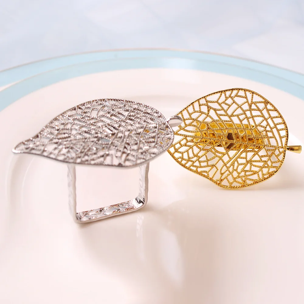 

Metal Hollow Leaf Napkin Ring Creative Hotel Table Electroplating Square Napkin Buckle 12pcs