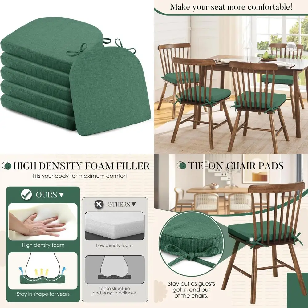 

Set of 6 Dining Chair Cushions, 16x16 Forest Green, with Ties and Non-Slip Backing