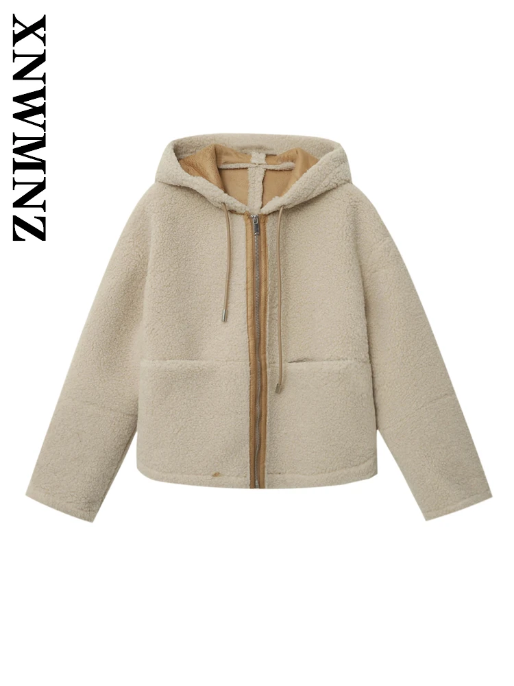 

XNWMNZ 2025 Autumn New Product Woman Simple Casual Hooded Collar Long Sleeve Coat Chic Woman's Thick Top Fashion Long Sleeve Top